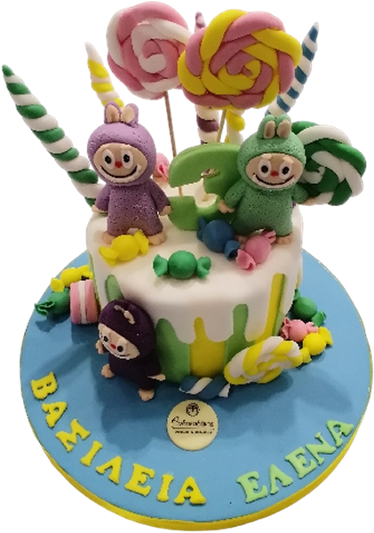 Τούρτα Candy World – Παιδική πολύχρωμη τούρτα με γλειφιτζούρια και φιγούρες
