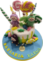 Τούρτα Candy World – Παιδική πολύχρωμη τούρτα με γλειφιτζούρια και φιγούρες