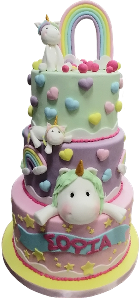 Τούρτα Unicorn Rainbow – Τριώροφη παιδική τούρτα με μονόκερους και ουράνιο τόξο